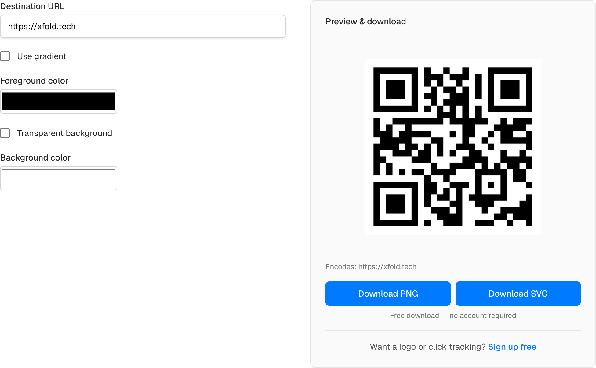 Free QR Tracker generator: destination field, color controls, QR preview, and Download PNG and Download SVG buttons.